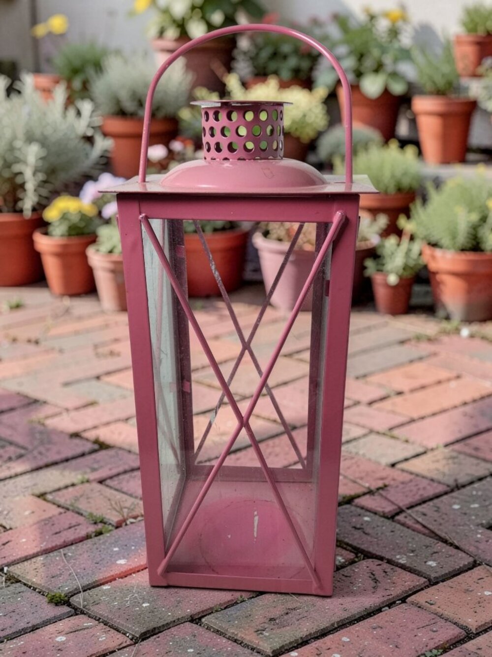 Vintage Charming Raspberry Pink Metal, Glass Candle Lantern, Handy Top Arch Deco